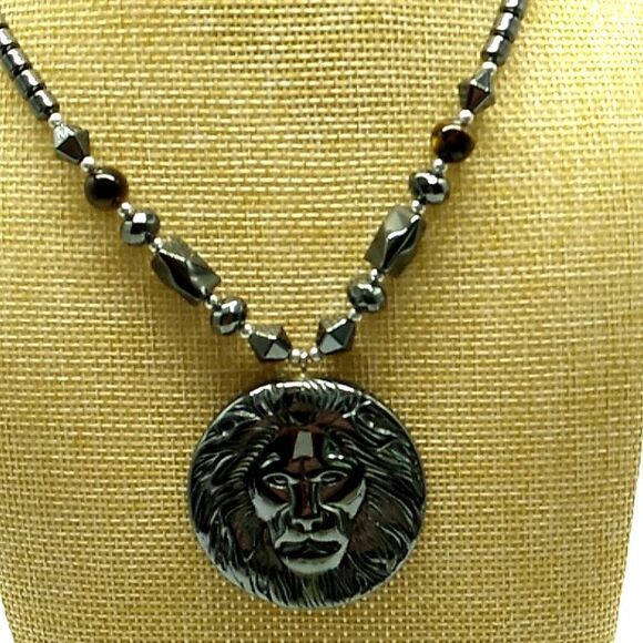 Men's/Unisex Hematite Beads & Lion's Head Pendant Necklace w/2 Cat's Eye Beads - Picture 5 of 14